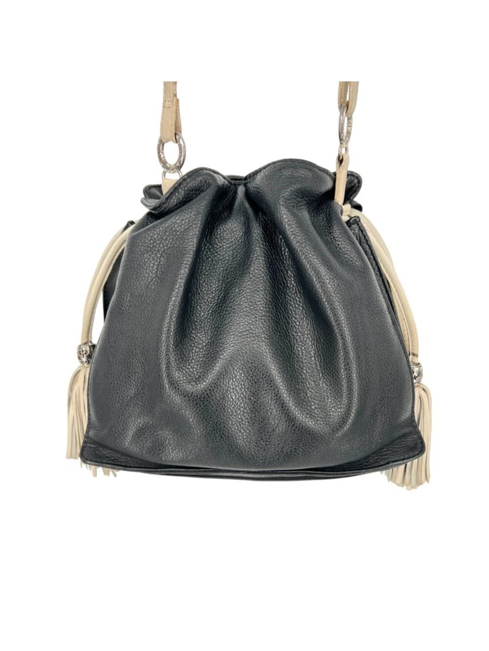 Brighton Bucket Slouch Bag Leather Black White Tassels Silver Charms